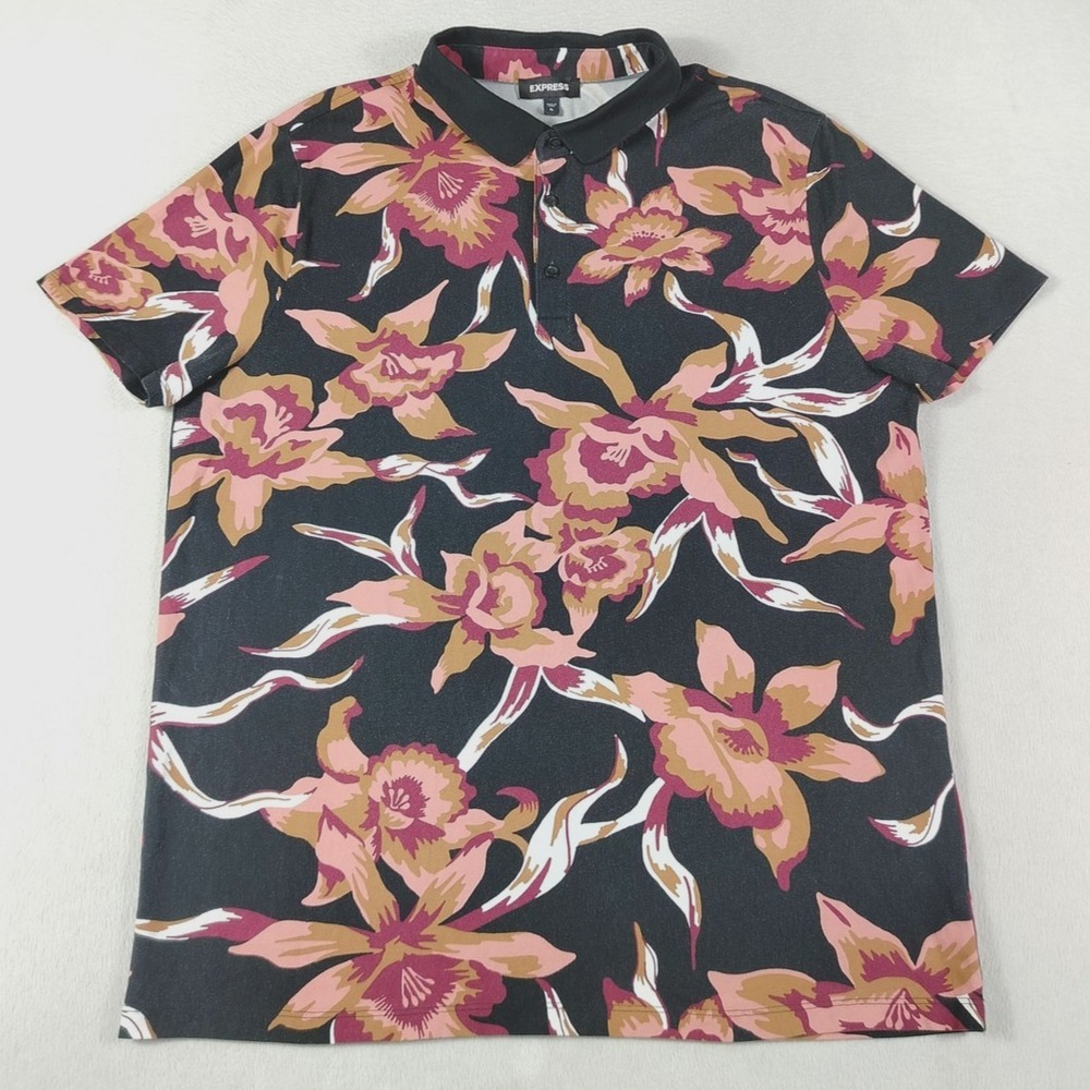 Express Polo Shirt Mens XL Black‎ Floral Tropical Stretch Cotton Blend Vacation